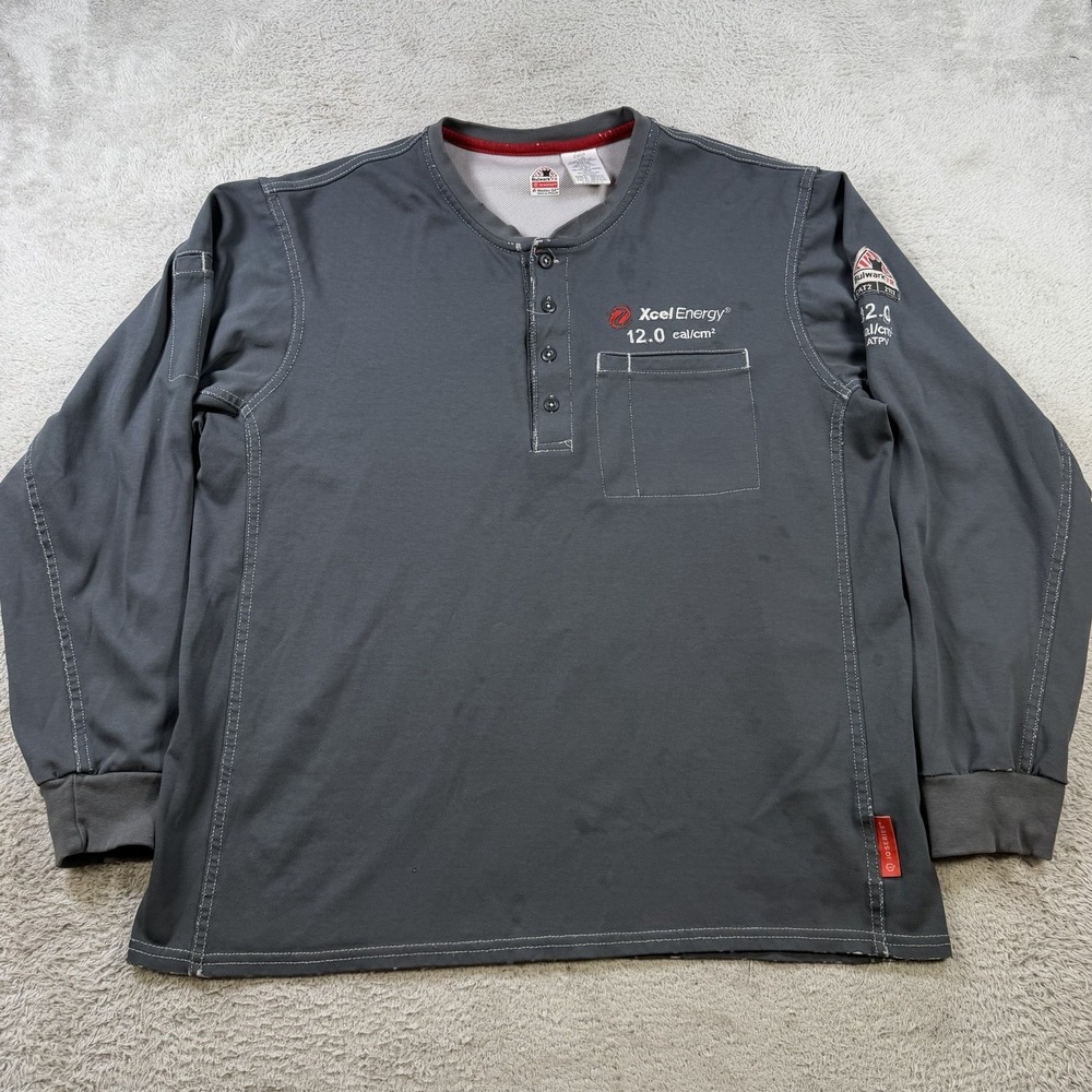Bulwark FR Shirt Mens Large Grey Flame Resistant Henley Workwear Long Sleeve